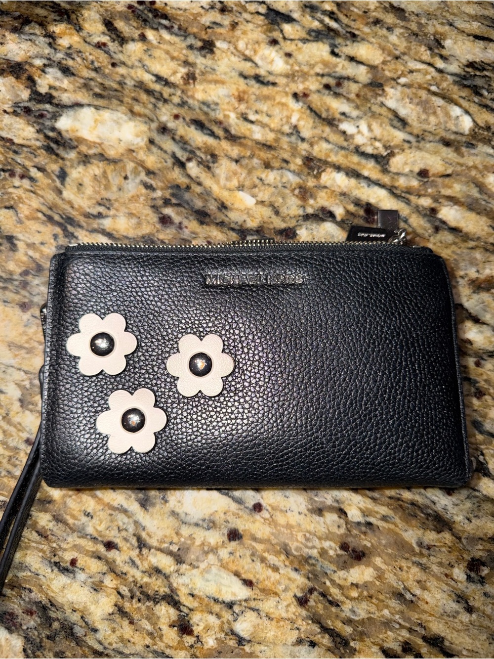 Michael Kors Black Leather Wristlet with Cream Floral Accents
